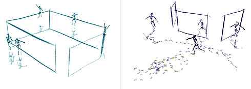 Sketches of 4 and 3-screen installations of Hand-Drawn Spaces